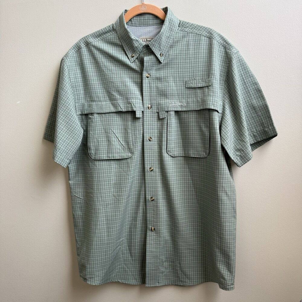 Men’s L.L. Bean Vented Fishing Outdoors Shirt Short Sleeve Green Plaid Sz M Reg